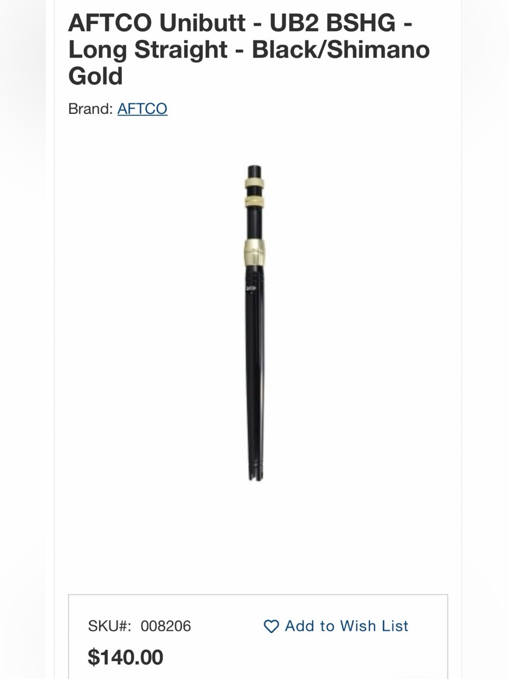 AFTCO Unibutt-UB2 BSHG-Long Straight-Black/Shimano Gold - Rod Holder
